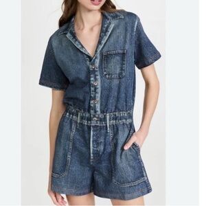 Rag & Bone Miramar Mel Denim Short Sleeve Jean Romper Dark Blue Wash Size Small